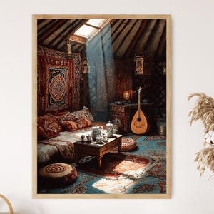 May include: A framed print depicting an interior scene with a warm, inviting atmosphere. The room features ornate rugs, cushions, and a small wooden table with tea sets. A stringed instrument leans against a table. The color palette includes reds, blues, and browns.