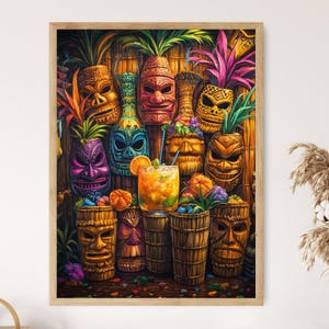 Hawaiian Tiki Bar Art Print, Colorful Masks and Tropical Drinks