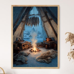 May include: A framed print depicts a cozy winter scene inside a tent. A fire burns brightly in the foreground, with dried fish hanging above. Wooden tables and fur rugs add to the rustic ambiance. The artwork evokes a sense of warmth and survival.