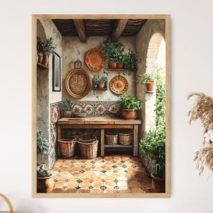 Pakistan Kitchen Art Print, Charpai Bench Decor Poster, Woven Basket Illustration