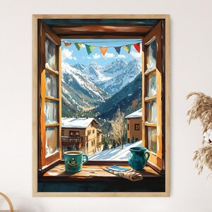 May include: A framed print of a winter landscape viewed through an open window. The scene includes snow-covered mountains, houses, and a colorful banner. A teal mug and pitcher sit on the windowsill. The artwork is in a wooden frame.