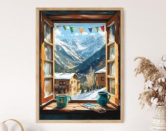 May include: A framed print of a winter landscape viewed through an open window. The scene includes snow-covered mountains, houses, and a colorful banner. A teal mug and pitcher sit on the windowsill. The artwork is in a wooden frame.