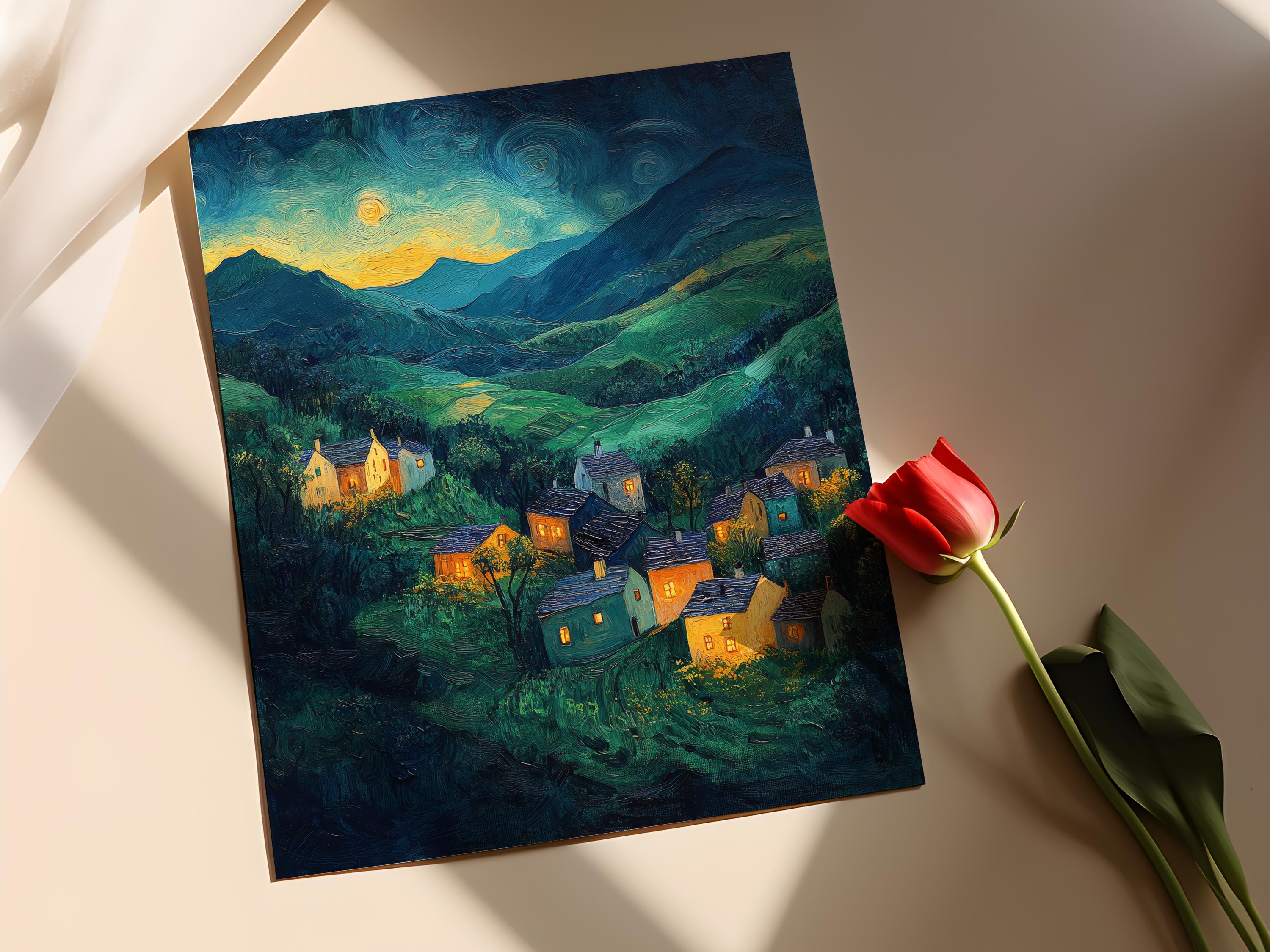 夜明けの山村、ゴッホにインスピレーションを受けた印象派の風景画
