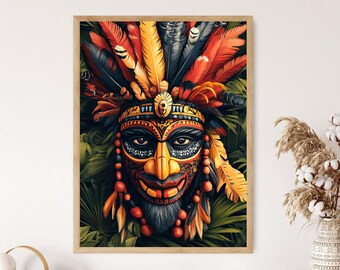 パプアニューギニアの部族マスクのアートプリント、大胆な模様と羽