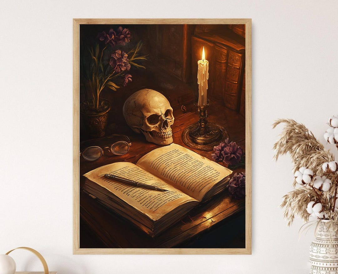 Memento Mori Art Print: Renaissance Skull, Candle & Book Still