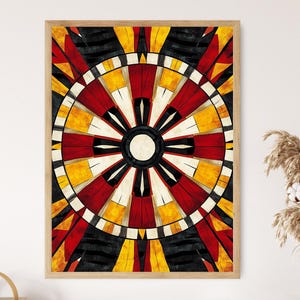 Op de afbeelding: Abstracte geometrische kunstprint met een cirkelvormig ontwerp in de kleuren rood, geel en zwart. Het ontwerp lijkt op een gestileerde zon of een wiel.