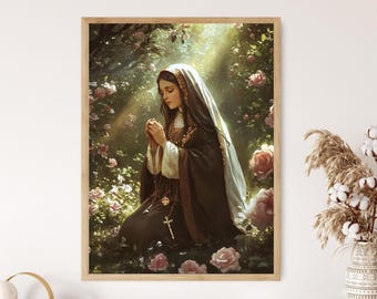 Saint Therese of Lisieux Poster: Carmelite Garden, Rosary and Blooming Roses Catholic Art Print