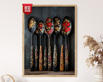 Russian Khokhloma Spoons Art Print, Slavic Folk Decor Poster