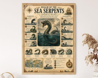 Realm of the Sea Serpents Print, Mythical Ocean Kingdom Map, Fantasy Nautical Wall Art
