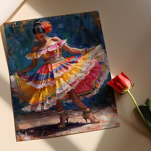 Puede incluir: Una pintura vibrante representa a una mujer bailando con un vestido colorido y en capas. El vestido presenta tonos de amarillo, rosa y azul con ribete de encaje blanco. Una rosa roja est&aacute; al lado de la obra de arte. La mujer lleva pulseras y tacones dorados.