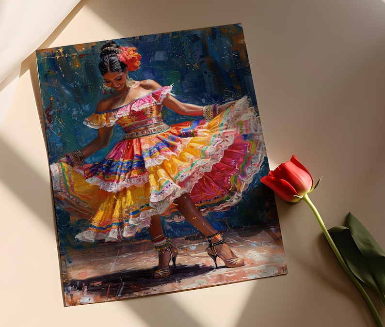 Puede incluir: Una pintura vibrante representa a una mujer bailando con un vestido colorido y en capas. El vestido presenta tonos de amarillo, rosa y azul con ribete de encaje blanco. Una rosa roja est&aacute; al lado de la obra de arte. La mujer lleva pulseras y tacones dorados.
