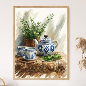 Polski czajniczek ceramiczny z geometrycznymi wzorami, wydruk artystyczny, rustykalny plakat dekoracyjny do kuchni