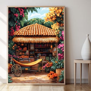 コスタリカのハンモックと牛車のアートプリント、お土産屋のポスター、トロピカルな装飾のイラスト