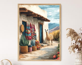 May include: A framed print depicts a South American scene. A llama stands near a white building with blue doors and a brown roof. Colorful textiles hang on the wall. Baskets of plants and yarn sit nearby. The background shows mountains and a blue sky.