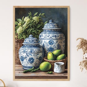 Indisk blå keramik pickle burk konsttryck, Mughal motiv köksdekor, traditionell keramisk prydnad