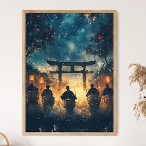 Taiko Trommler unter Sternenhimmel Kunstdruck, japanische traditionelle Musik Poster