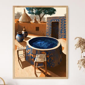 Malinese modderdoek Indigo bekken Bogolanfini Textiel Binnenplaatsscène Fine Art Print