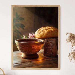 May include: A framed image featuring a wooden bowl filled with liquid, a loaf of bread, and a carved wooden object. The bowl has an intricate design. The scene is illuminated by a beam of light, creating a warm, inviting atmosphere. The image is a still life.