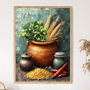 May include: A framed still life painting featuring a large terracotta pot filled with fresh parsley and corn on the cob. A small pile of corn kernels, red peppers, and two ceramic jars are in the foreground. The background has a teal and blue textured effect.