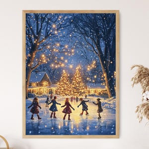 Children Ice Skating Art Print, Frozen Pond and Falling Snow