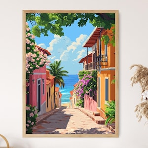 Escena de callejón colorido de Panaji, Goa, póster de casa portuguesa, pintura costera de la India, impresión de arte vectorial plano