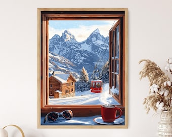 May include: A framed print of a winter scene viewed through a window. The scene includes snow-covered mountains, a red cable car, a wooden cabin, and a red coffee mug on a saucer. Sunglasses rest on the windowsill.