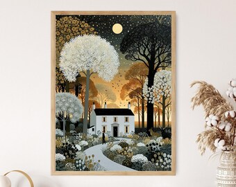 Whimsical Forest House Art Print: Moonlit Scene, Woodland Creatures, Matte Paper Wall Art