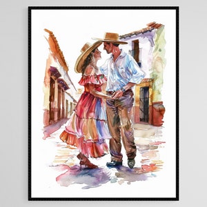 K&ouml;nnte beinhalten: Aquarellmalerei eines Paares in traditioneller Kleidung, das sich auf einer Kopfsteinpflasterstra&szlig;e umarmt. Die Frau tr&auml;gt ein rotes und mehrfarbiges Kleid und einen Strohhut. Der Mann tr&auml;gt ein wei&szlig;es Hemd, eine braune Hose und einen Strohhut. Das Kunstwerk ist gerahmt.