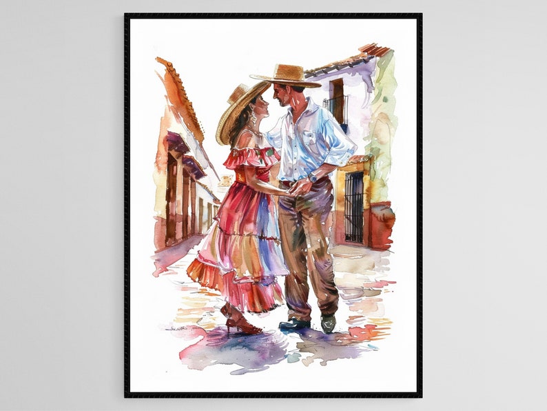 K&ouml;nnte beinhalten: Aquarellmalerei eines Paares in traditioneller Kleidung, das sich auf einer Kopfsteinpflasterstra&szlig;e umarmt. Die Frau tr&auml;gt ein rotes und mehrfarbiges Kleid und einen Strohhut. Der Mann tr&auml;gt ein wei&szlig;es Hemd, eine braune Hose und einen Strohhut. Das Kunstwerk ist gerahmt.