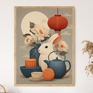 Mid-Autumn Festival Symbols Poster, Chinese Mooncake Art Print, Lantern Flat Illustration