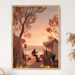 Byron Bay Herbst Markt Szene, Acoustic Strand Poster, New South Wales Küsten Kunstdruck, flache Vektormalerei