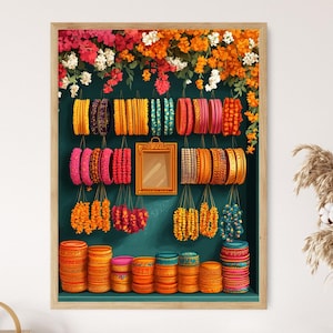 Puede incluir: Una impresión enmarcada que presenta una exhibición de coloridas pulseras, guirnaldas y un pequeño espejo. Las pulseras son en tonos de amarillo, naranja, rosa y turquesa. Las guirnaldas son naranjas y azules. El fondo es turquesa y la parte superior está decorada con flores.