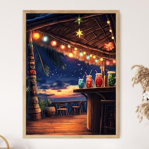 Nighttime Hawaiian Tiki Bar Art Print, String Lights and Tiki Mugs