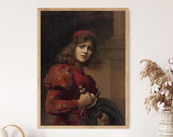 May include: A framed vintage portrait of a woman in a red dress and cap, holding a sword. The artwork has a classical style with a dark background and a wooden frame. The woman has a serious expression.