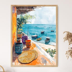 Dakar-Terrasse mit Wachsdrucken, afrikanische Küstenkunst, Atlantik-Ansichten-Druck