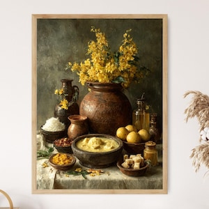 May include: A framed still life painting featuring a large, textured, brown ceramic vase filled with bright yellow flowers. Other elements include bowls of food, small vases, and a glass bottle, all arranged on a white tablecloth.