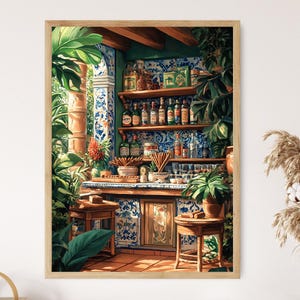 Puede incluir: Una pintura de un bar con una barra de madera y estantes llenos de botellas. El bar está decorado con azulejos azules y blancos y rodeado de exuberantes plantas verdes.