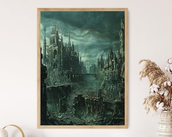 Dystopische landschapskunst, surrealistische post-apocalyptische scène, tot nadenken stemmende kantoorkunst, sci-fi minnaar cadeau