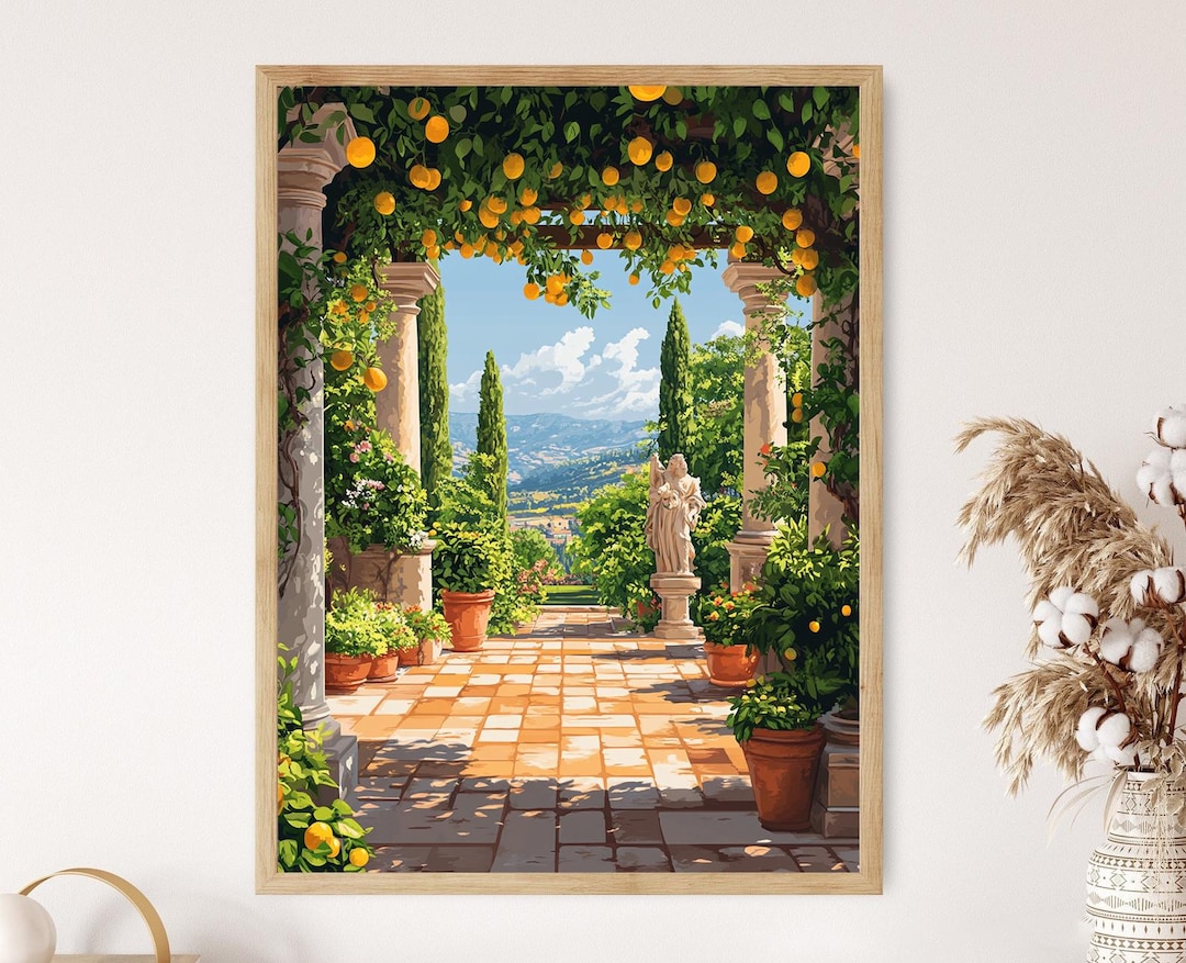 イタリア製 ウォールデコ ローズガーデン 宮廷 貴婦人 庭園 陶器 アート Italian Garden Pavilion With Lemon Trees and Roman Statues