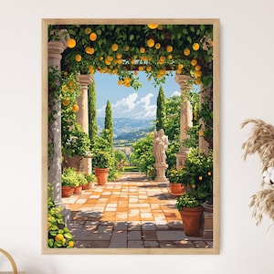 Italian Garden Pavilion with Lemon Trees and Roman Statues, Tuscan Villa Courtyard Wall Art