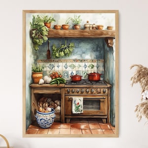Puede incluir: Una pintura de acuarela de una cocina rústica con una estufa de leña, un salpicadero de azulejos y un estante con plantas en macetas. La estufa tiene una olla roja en la parte superior y una olla roja en la parte inferior. También hay algunas verduras y ajos en la encimera.