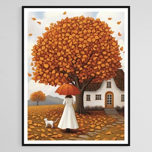 Autumn Walk with Cat, Cozy Fall Art Print, Warm Tones