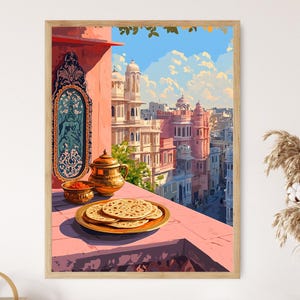 Puede incluir: Una pintura de una ciudad con un balcón que da a la ciudad. El balcón tiene una tetera dorada, un cuenco de comida roja y un plato de pan plano. La ciudad está pintada en tonos de rosa, blanco y azul.