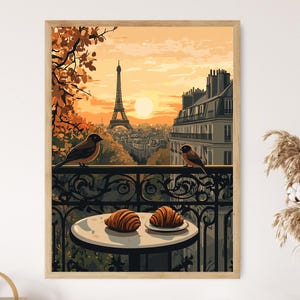 Escena de gorrión en el balcón de París, impresión artística urbana de un café francés, póster vectorial plano de pájaro urbano