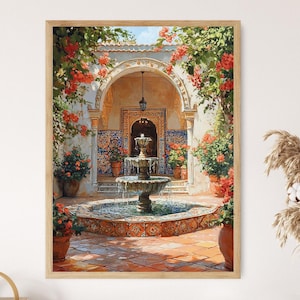 May include: A framed print of a courtyard scene with a fountain. The artwork features a stone fountain with water cascading into a basin. Red flowers and greenery frame the arched entrance. The artwork is in a wooden frame.