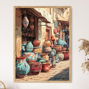 Traditional Iraqi Pottery Art Print, Vibrant Market Scene