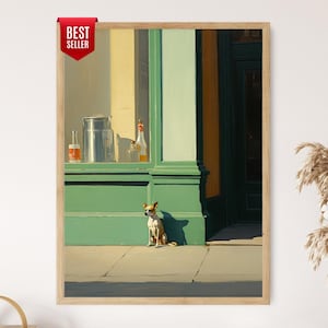 Impresión de escena callejera inspirada en Edward Hopper: Perro pequeño y tienda