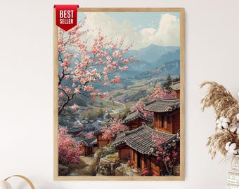 Grafika artystyczna z koreańskiej wsi: Domy hanok i kwiaty wiśni