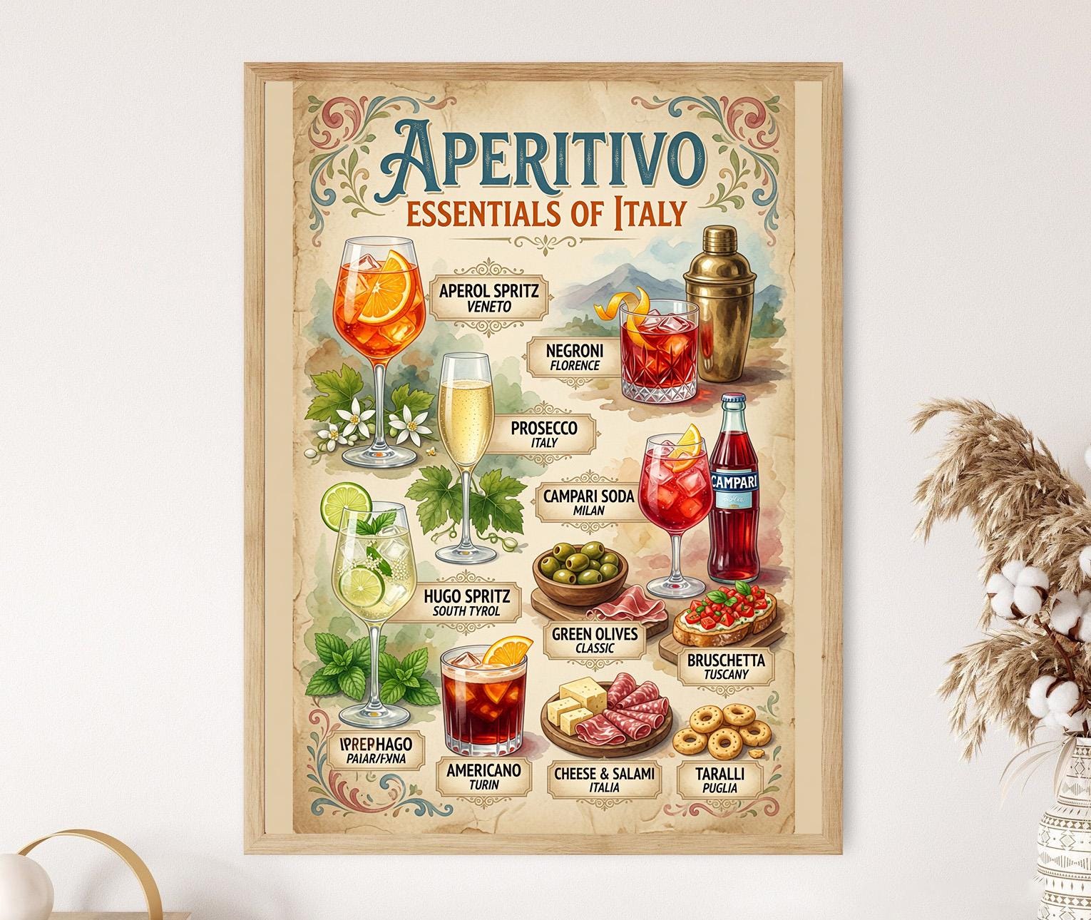Italian Aperitivo Guide Poster - Drinks & Bites Chart Kitchen Wall