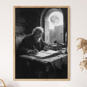 Galileo schetst de maan, vintage potloodtekening, maanobservatie Art Print